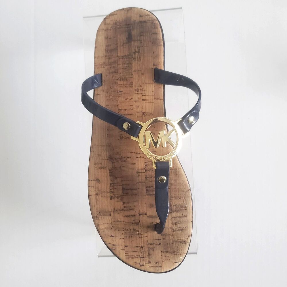 Michael Kors Women's Thong Sandals Size 8 Navy Gold MK Logo Cork Sole Flats